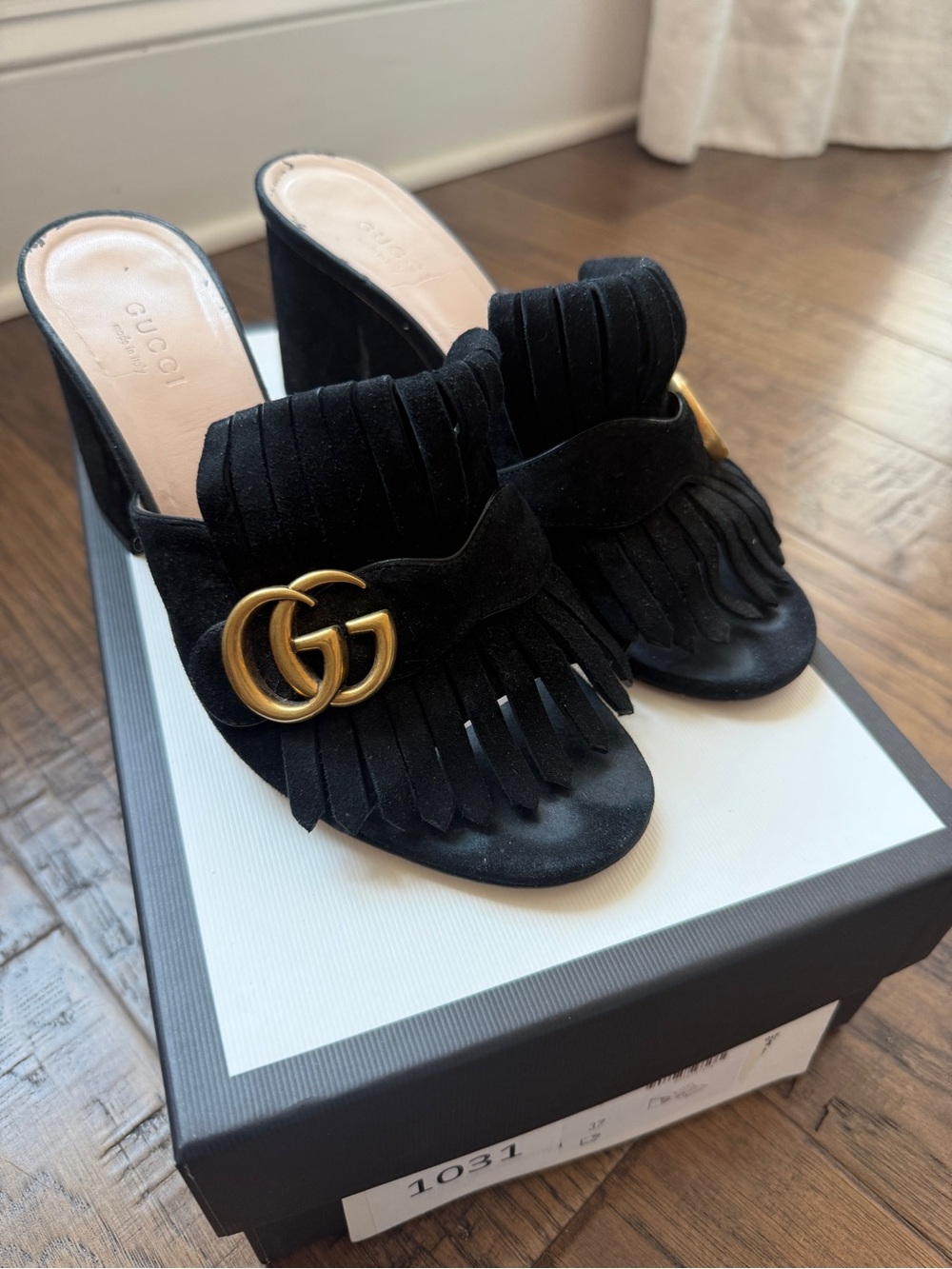 Gucci Black Suede Fringe Mules with Gold GG Hardware